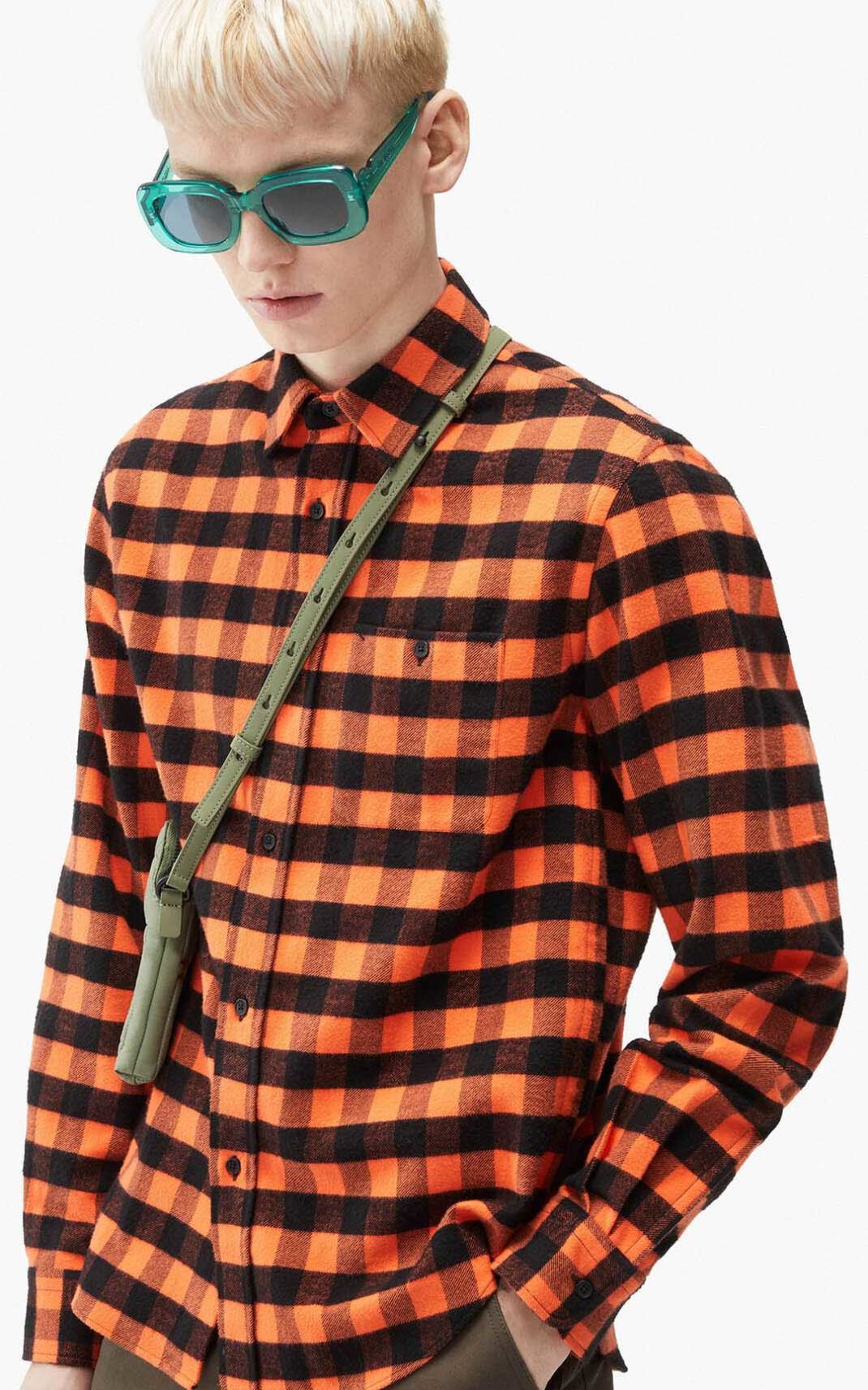 Kenzo Check print casual Shirt Orange For Mens 6802MUVQH